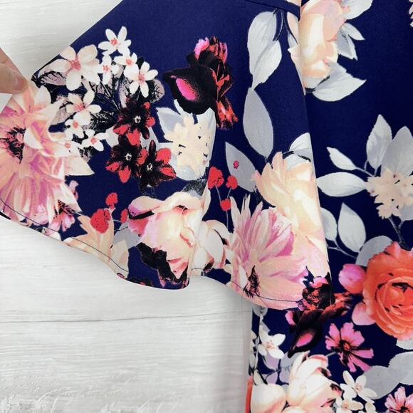 Eliza J Floral Print Shift Dress 12 Navy Blue Pink Bell Sleeve Wedding Guest - Picture 4 of 15